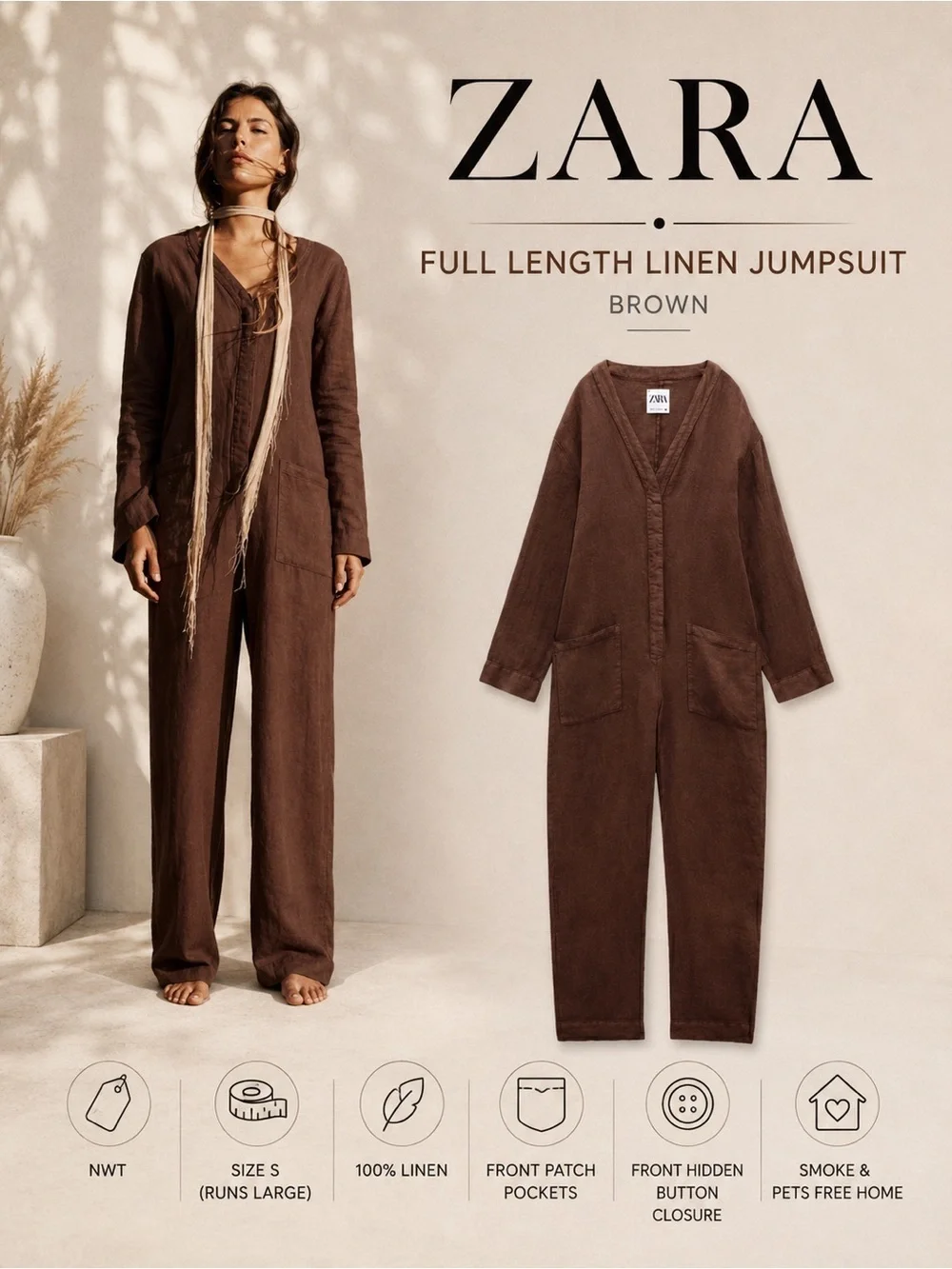 Zara Brown Full Length Linen Jumpsuit Size S NWT V-Neck Long Sleeve Romper