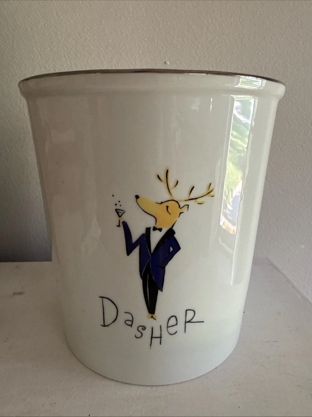 Pottery Barn Reindeer Wine/Champagne Ice Bucket Double Sided Dasher Blitzen