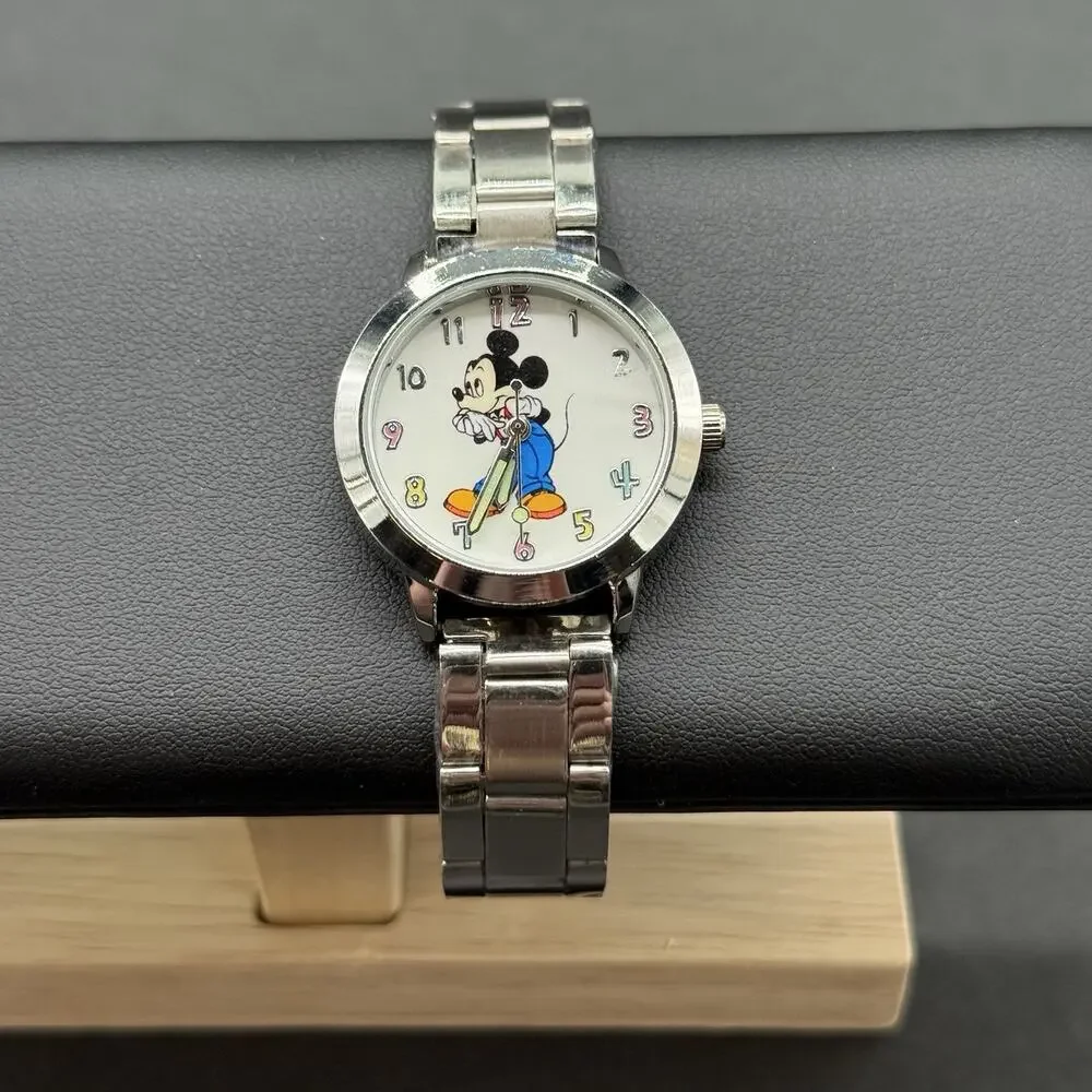 Mickey Mouse Watch Stainless Steel Link Bracelet Silver Tone White Character