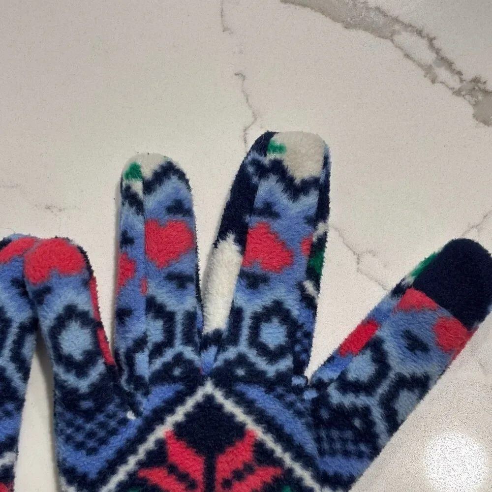 LANDS' END Women's Fleece Fair Isle Print Reindeer Snowflakes Scarf Gloves Set 7
