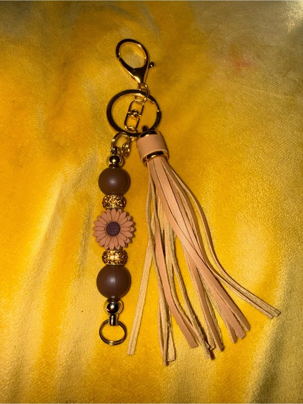 Women's Tan Tassel and Bead Keychain Charm