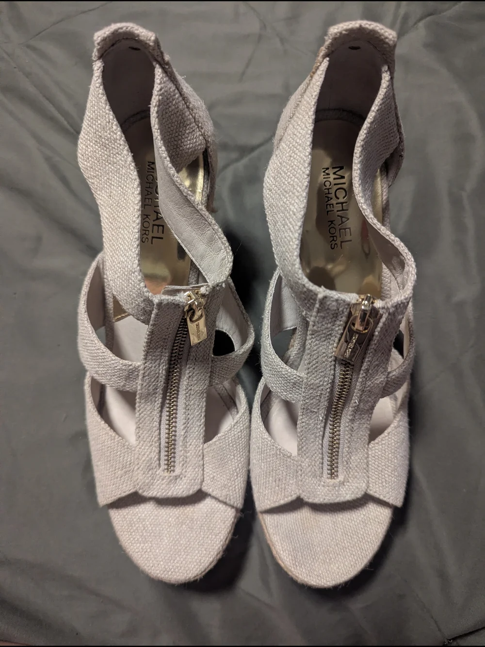 Michael Kors Blush Fabric Zip-Strap Wedge Sandals