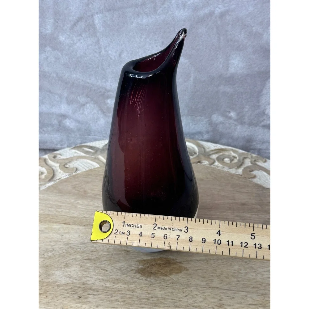Amethyst Purple Art Glass Vase Heavy Clear Base Asymmetrical Rim Teardrop 7.25in