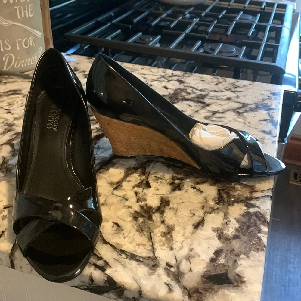 Franco Sarto cork wedge patent leather open toes. Brand new‎ .Retail 89