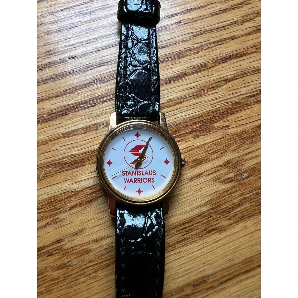 Vintage Stanislaus Warriors Image Watch Gold Tone Black Leather Strap USA Made