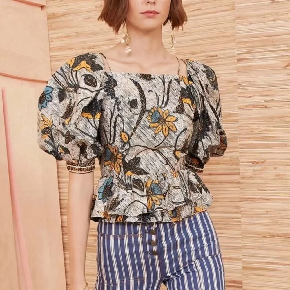 Ulla Johnson‎ Carlotta Blouse Puff Sleeve Cotton Portofino Print Size 14
