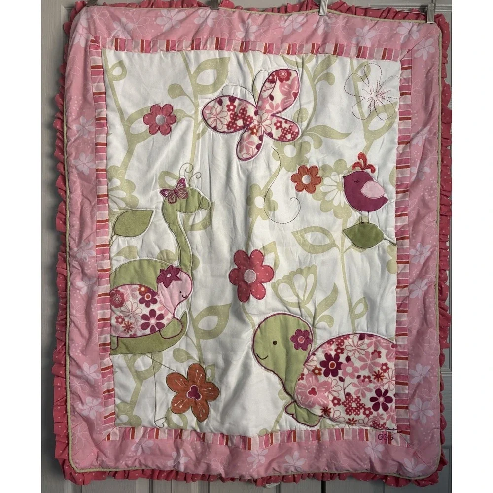 CoCalo Crib Blanket Pink Embroidered Comforter Turtles Butterflies 41