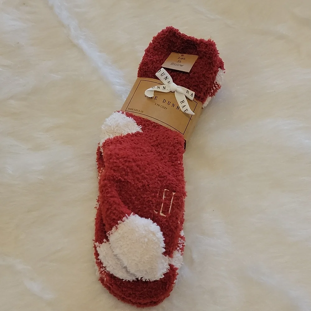 RAE DUNN 3 Pk Red Cream Embroidered Loungewear Cottage Winter Soft‎ Cozy Socks
