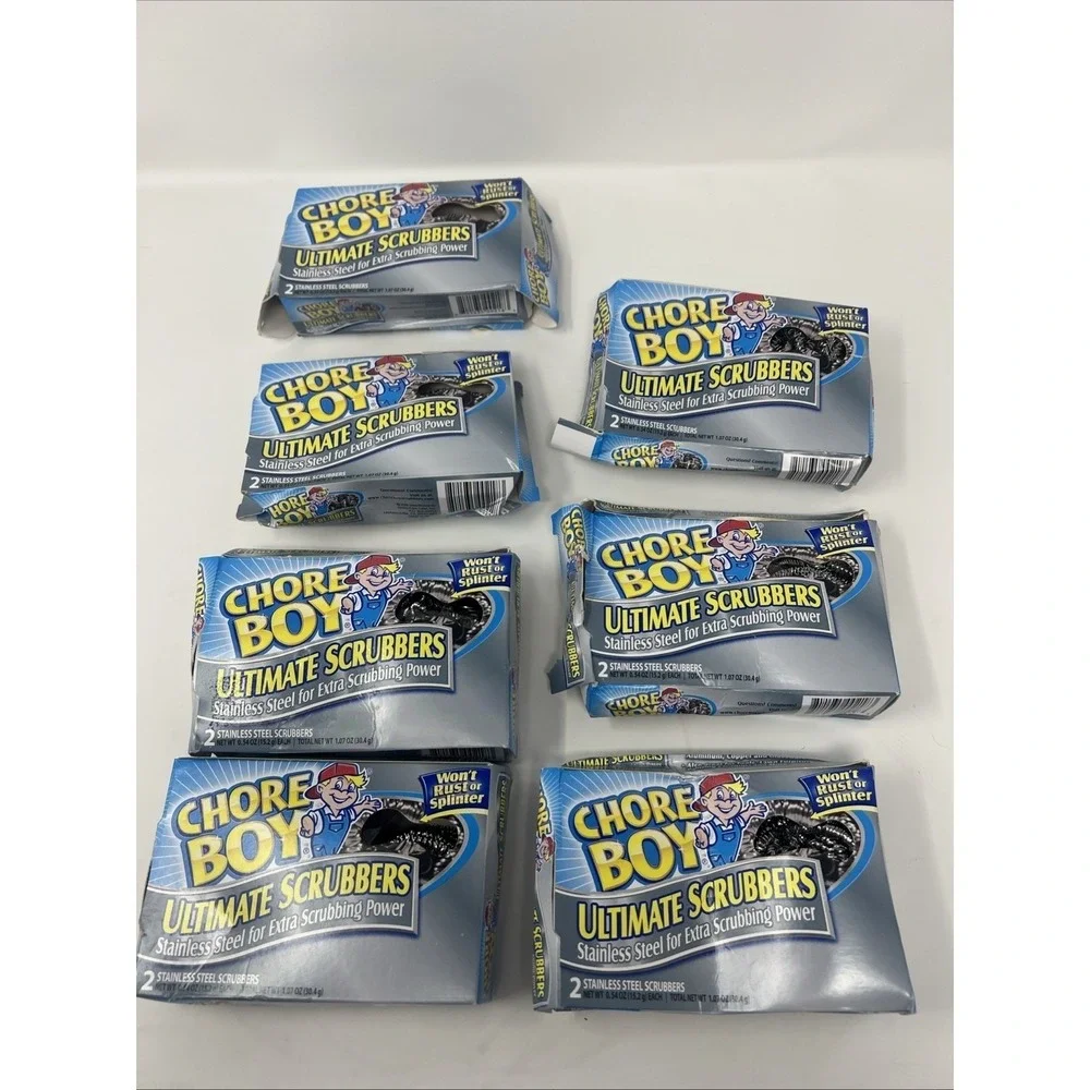 7 Chore Boy Stainless Steel Scrubbers 2 pack = 14 scrubbers Outer Box‎ Crushed