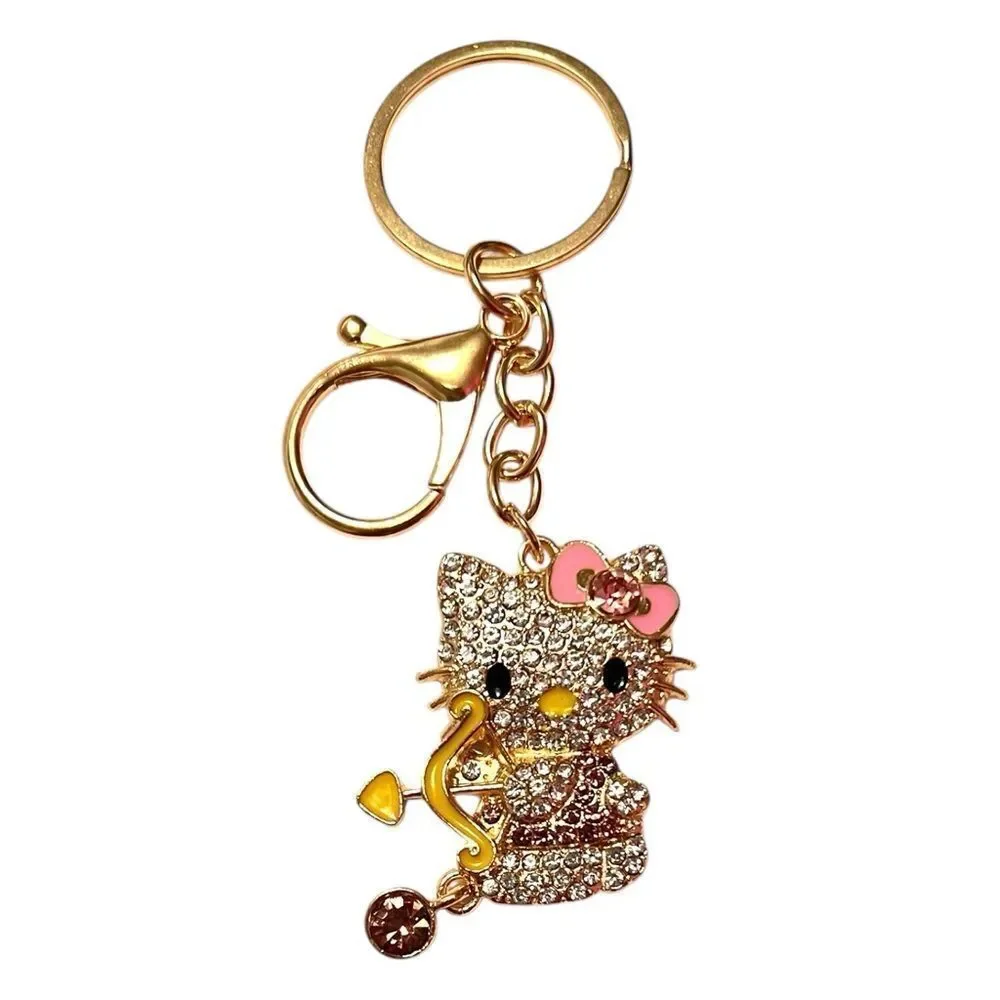 Cute Cupid Hello Kitty Purple And Clear Crystal Yellow Bow Keychain