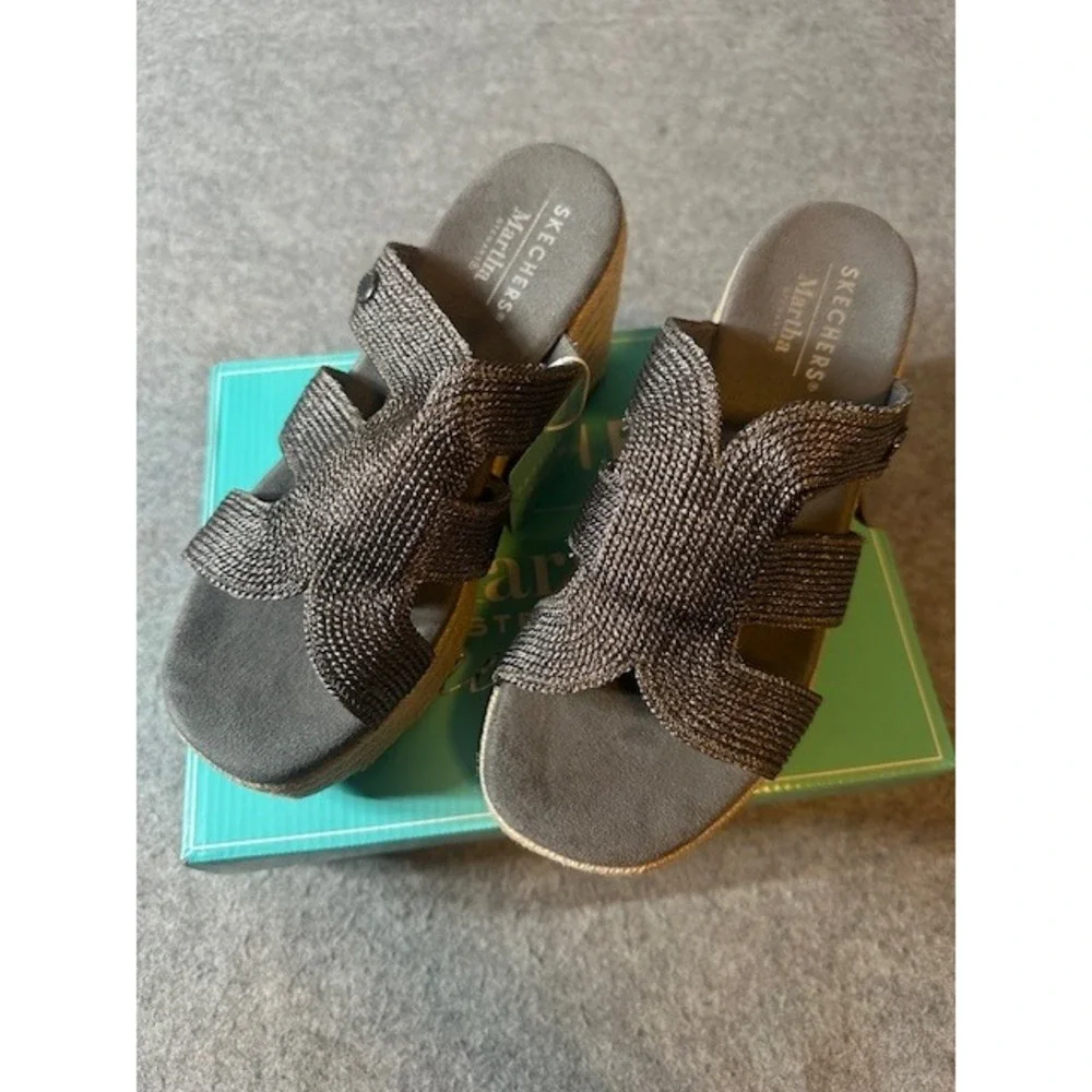 Skechers Martha Stewart Iris Unstoppable Gunmetal Metallic Jute Wedge Sandal 7