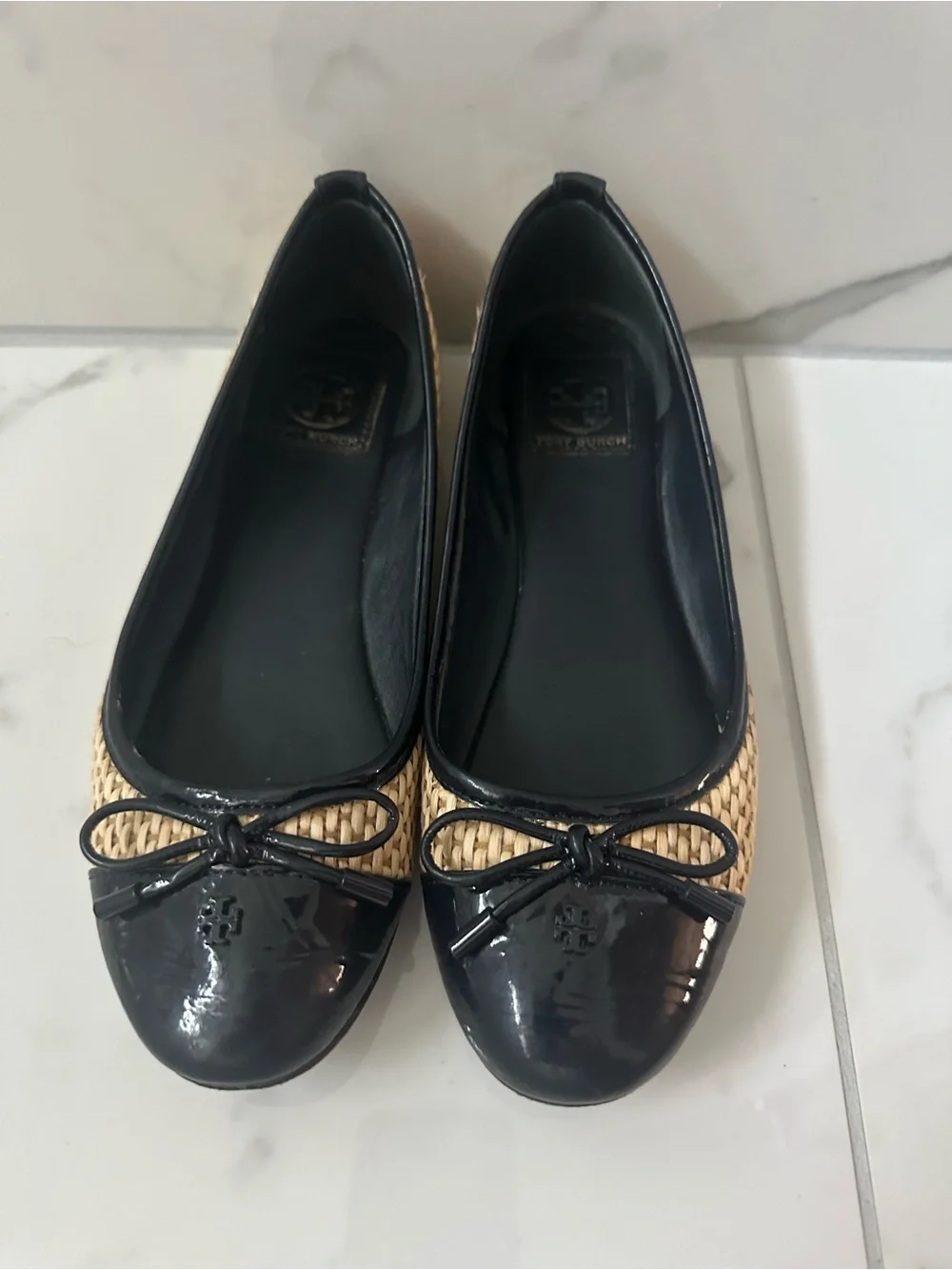 Tory Burch Black Patent & Tan Woven Ballet Flats