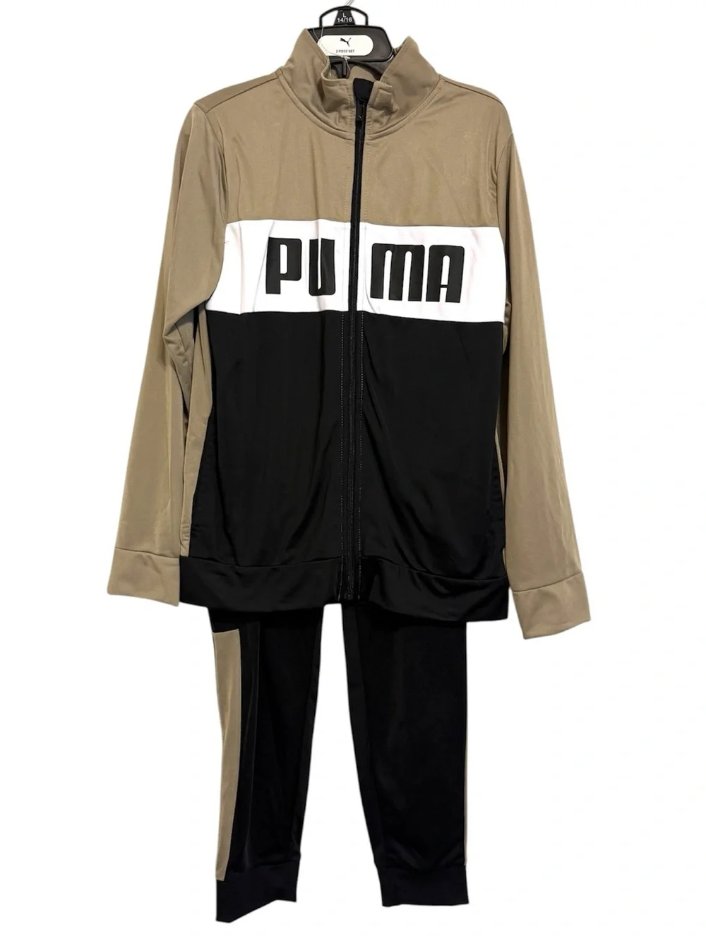 Puma Kids 2 Piece Track Suit Set Black Tan Jogger Jacket Set Size L 14/16 NWT