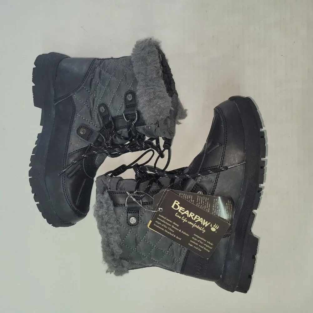 Bearpaw Boot Youth Size 1 Black Bethany Waterproof Leather Wool Blend Lining New