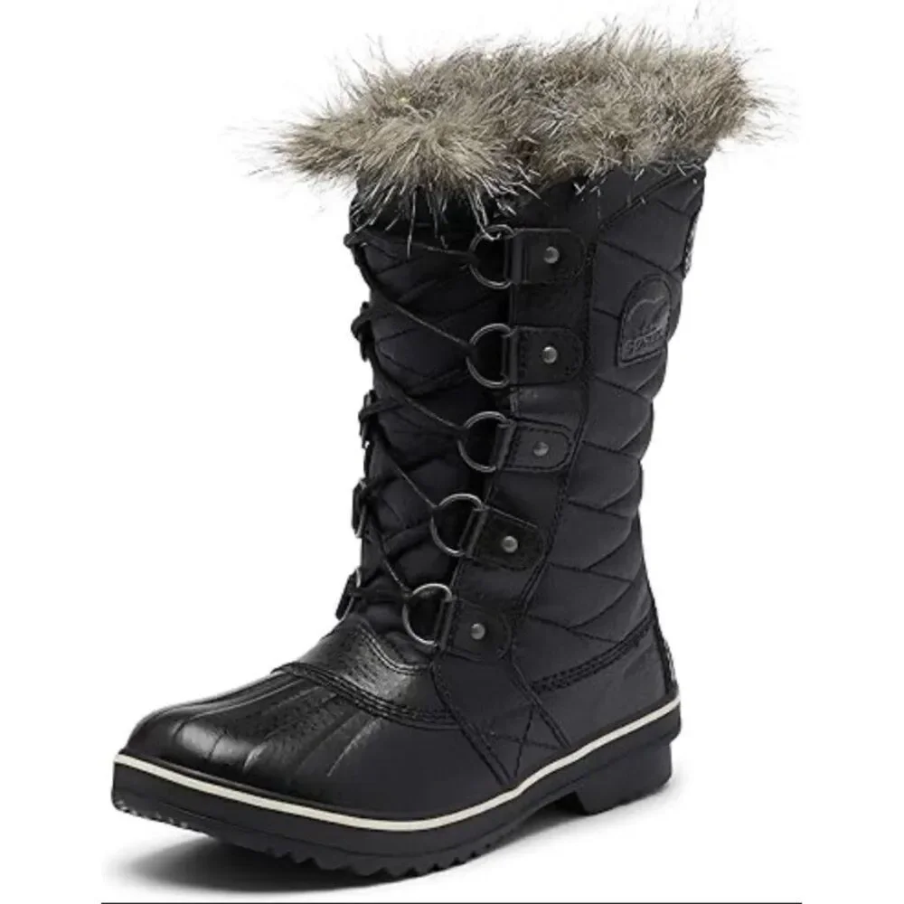 Sorel Tofino Cafe Women Black Canvas Waterproof Faux Fur Winter Duck Boots Size