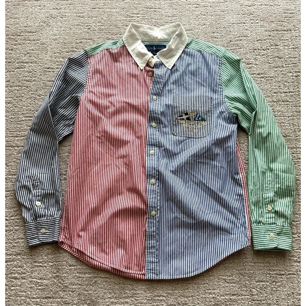Vintage Ralph Lauren Button Down Boys L Primary Stripe Poplin Embroidered Logo