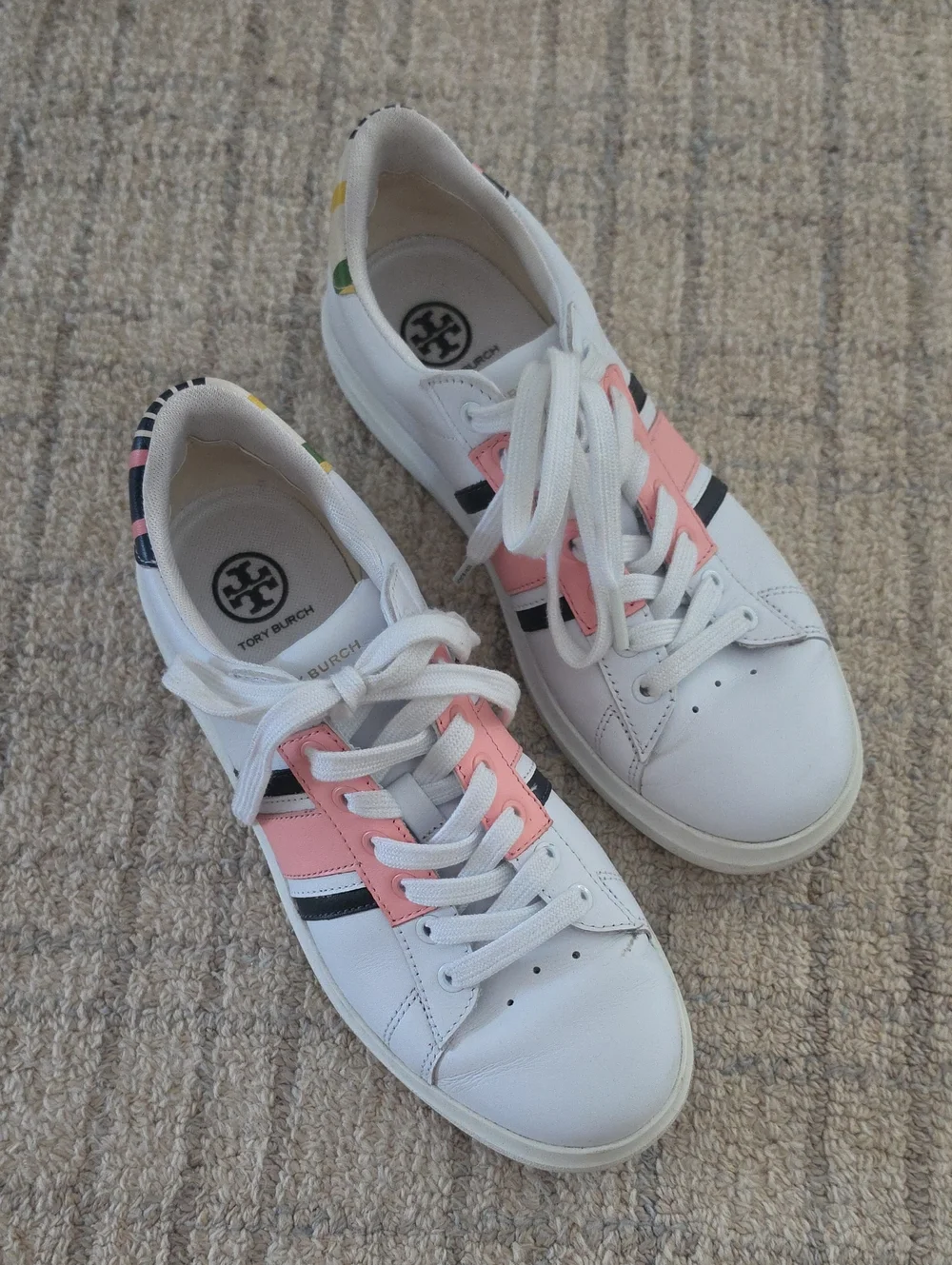 Tory Burch White, Pink & Black Leather Lace-Up Sneakers