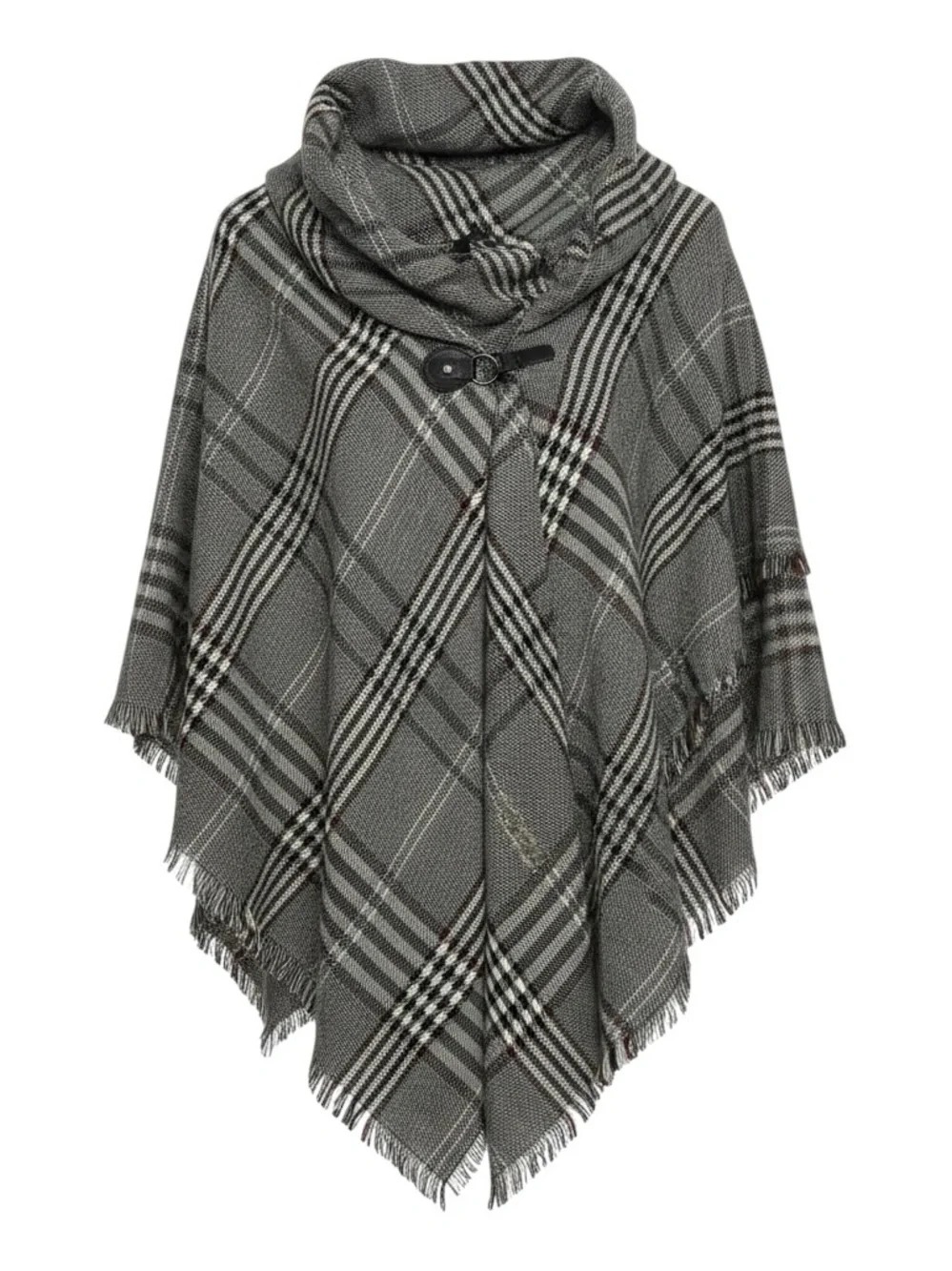 Modena Plaid Poncho Cape Shawl Fringe Cowl Neck Toggle Closure Gray One Size