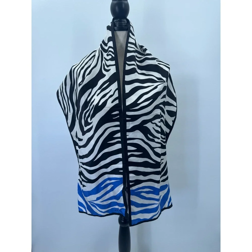 Anne Klein Zebra Striped Silk Scarf Shawl Wrap Colorblock Black White Blue 13x62