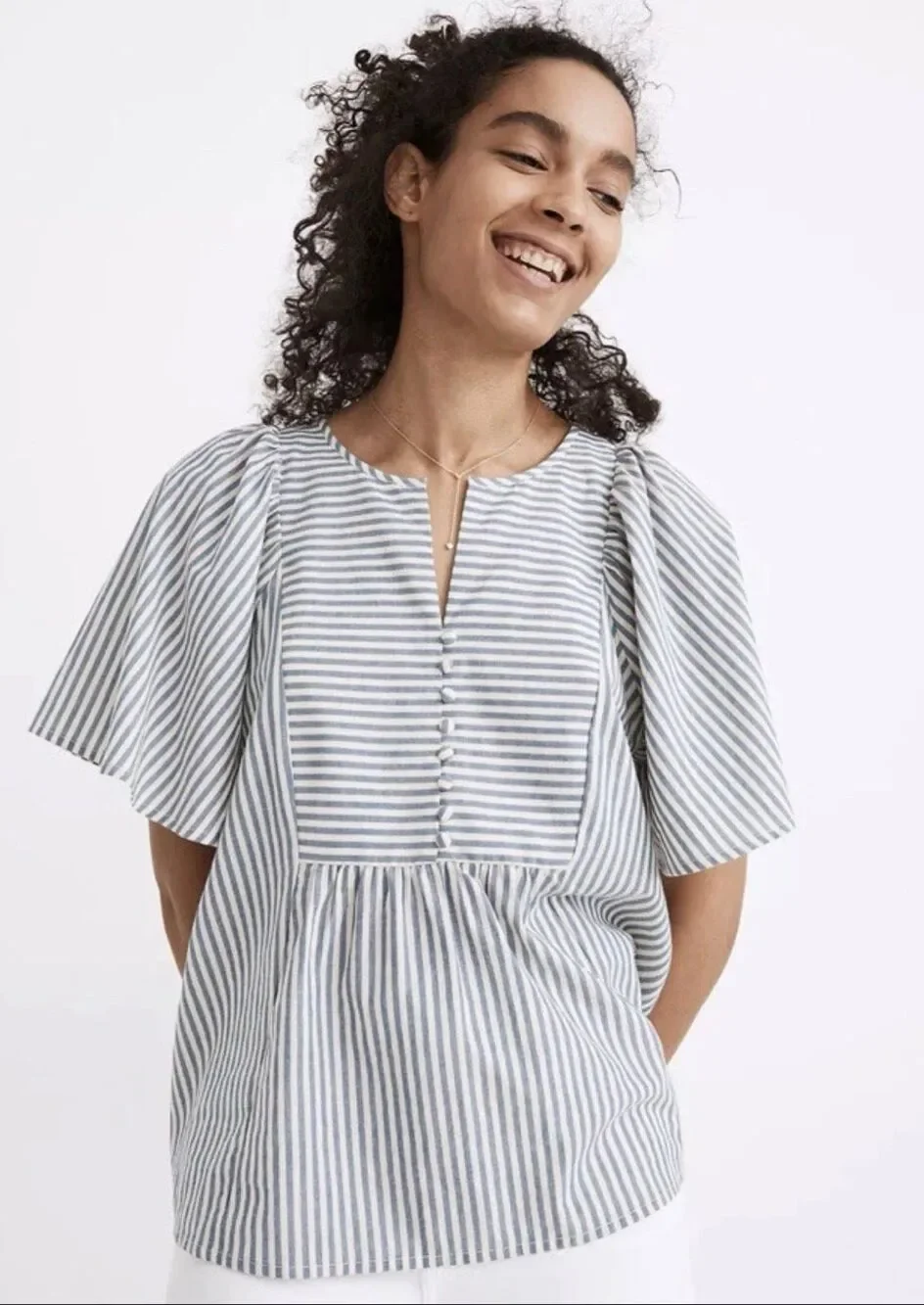 Madewell Courtyard Striped Puff Sleeve Peplum Blouse Medium Blue White Button Fr