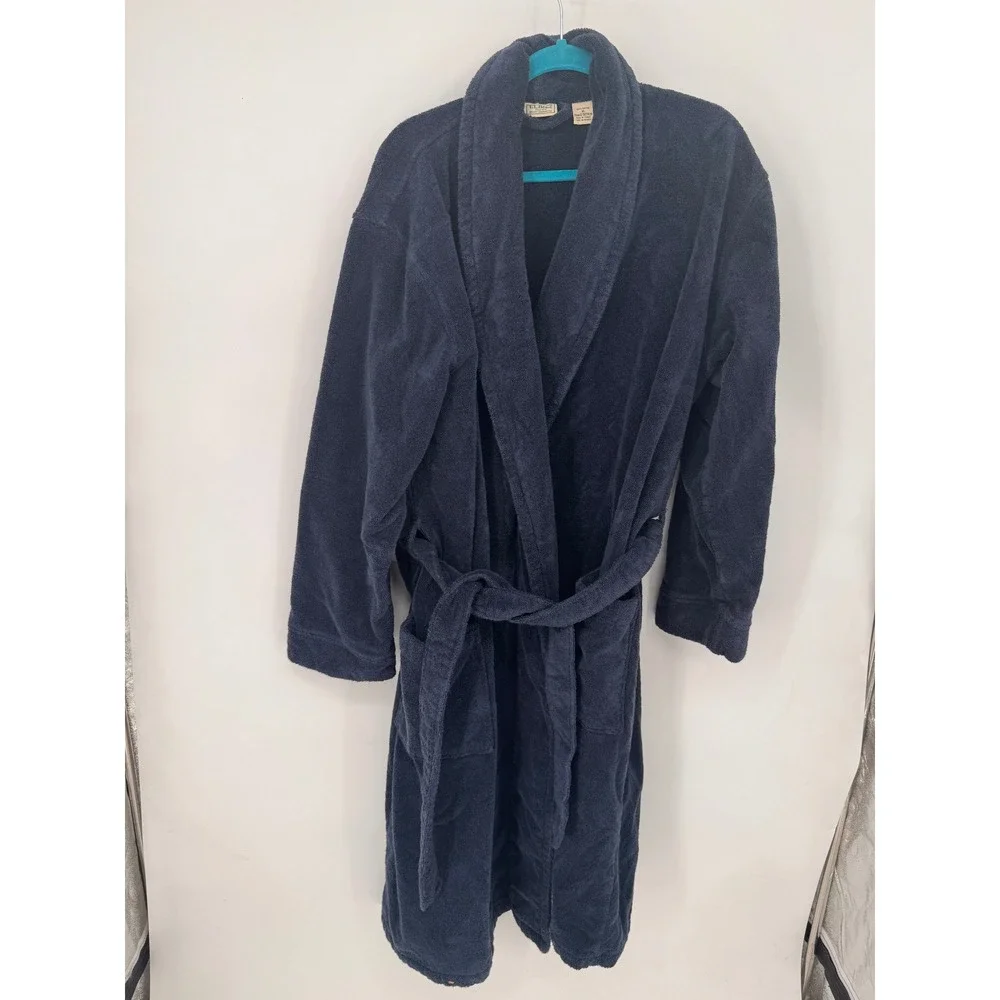 L.L. Bean Robe Mens XL Navy Blue EUC Terry Cloth Cotton Shawl Collar Belted