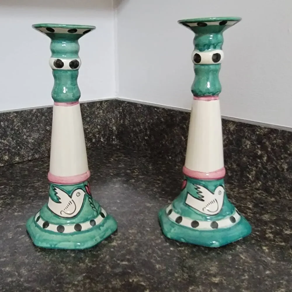 Hand Painted Pair Candlesticks Doves and Flowers