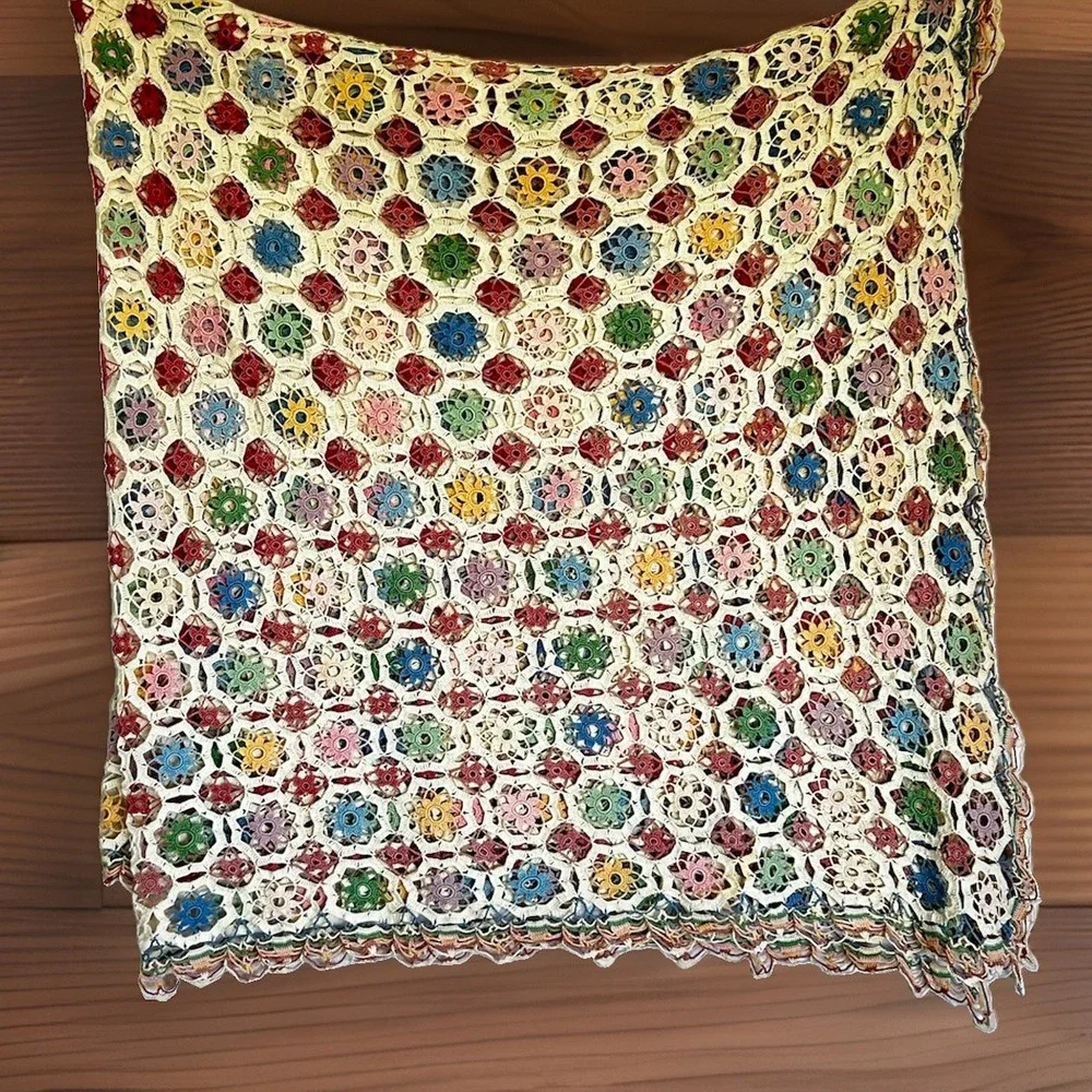VTG Hand Crocheted Floral Heirloom Tablecloth Colorful & Ecru 60x60