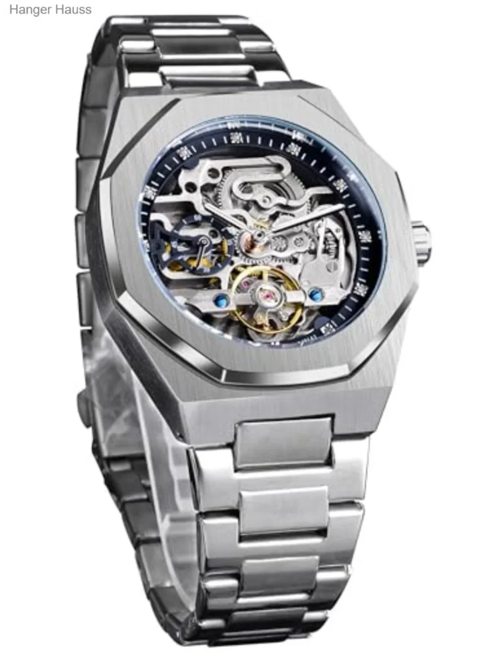 Vintage Men's Automatic Self-Wind Mechanical Watch, Octagonal Skeleton Dial,