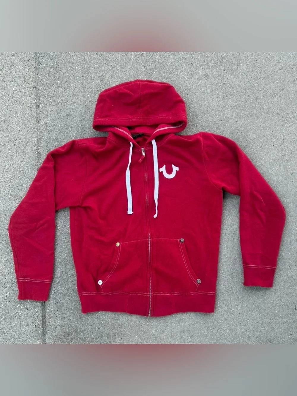 True Religion Red Hooded Zip-Up Sweatshirt with White Drawstrings