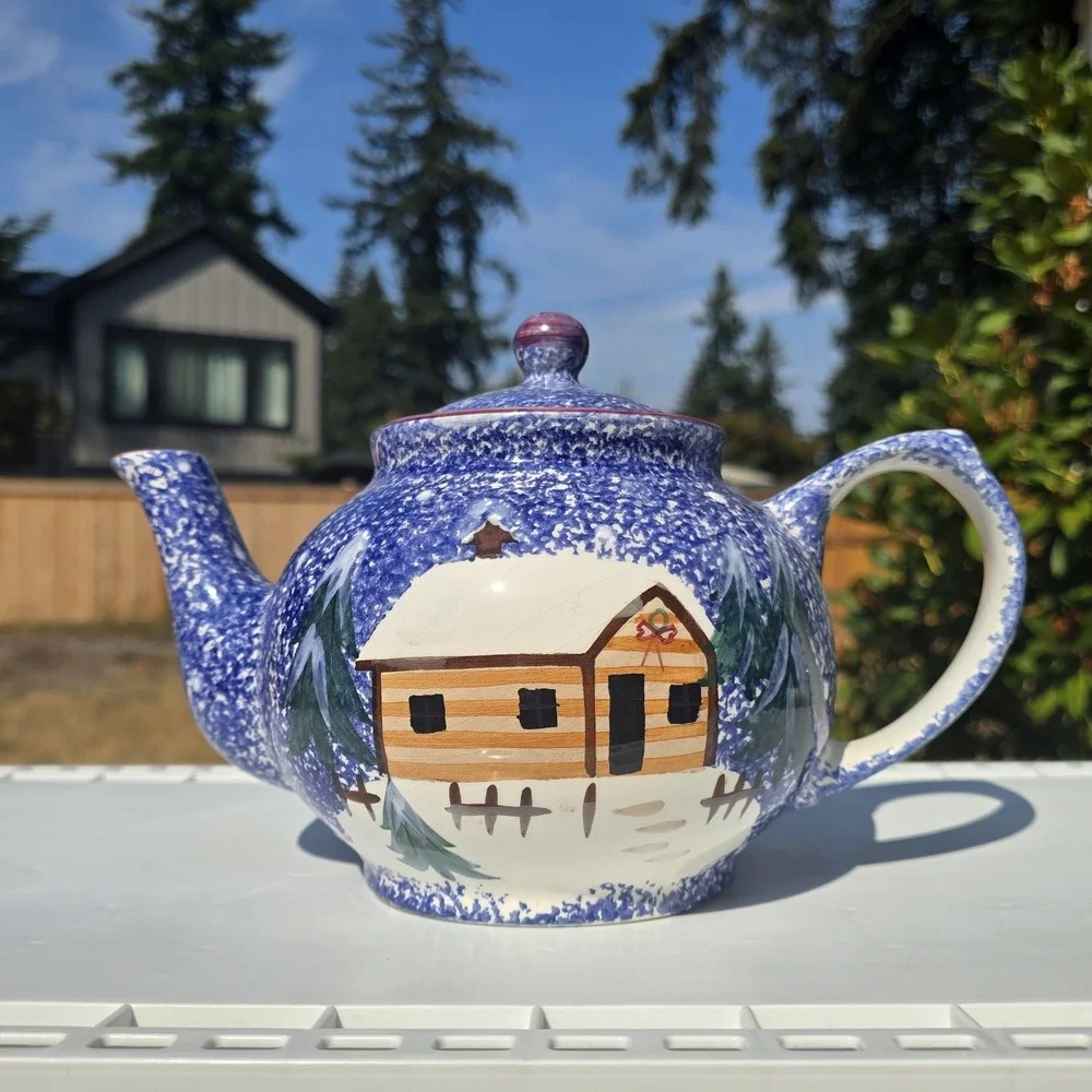 Vintage Tea Pot Large Thailand Country Winter Scene 7 in Tall 10 in  Wide