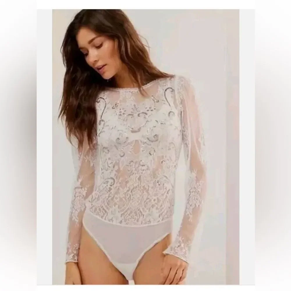 FREE PEOPLE Intimately Bodysuit White Embellished Lace Mesh Sheer Sz Small