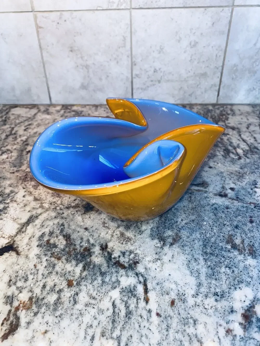 Handblown Vase Cobalt Blue & Orange Ruffled Handkerchief Top 7” X 4” Art Glass