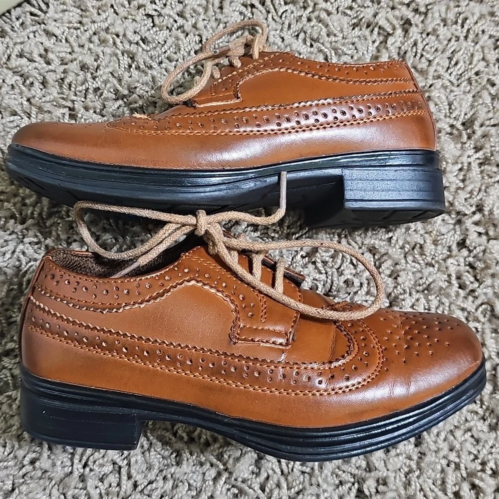 Deer Stags Brown Ace Wing Tip Oxford Shoes Lace Up Kid's Boy's Dress Shoes
