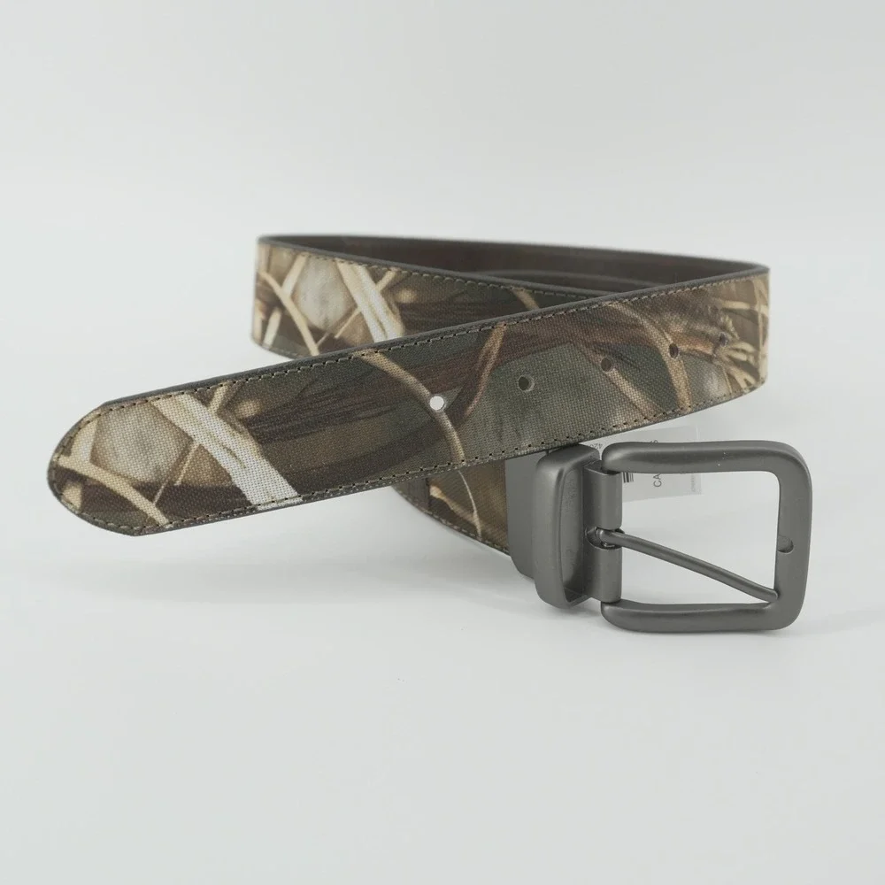 Cabela's Reversible Belt Mens 40 Brown Camo Canvas Leather Swivel Buckle