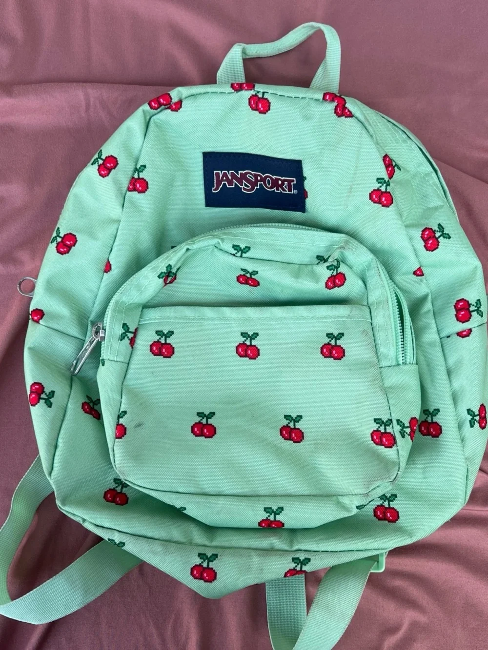 Jansport Mint Green Kids Backpack with Red Cherry Print
