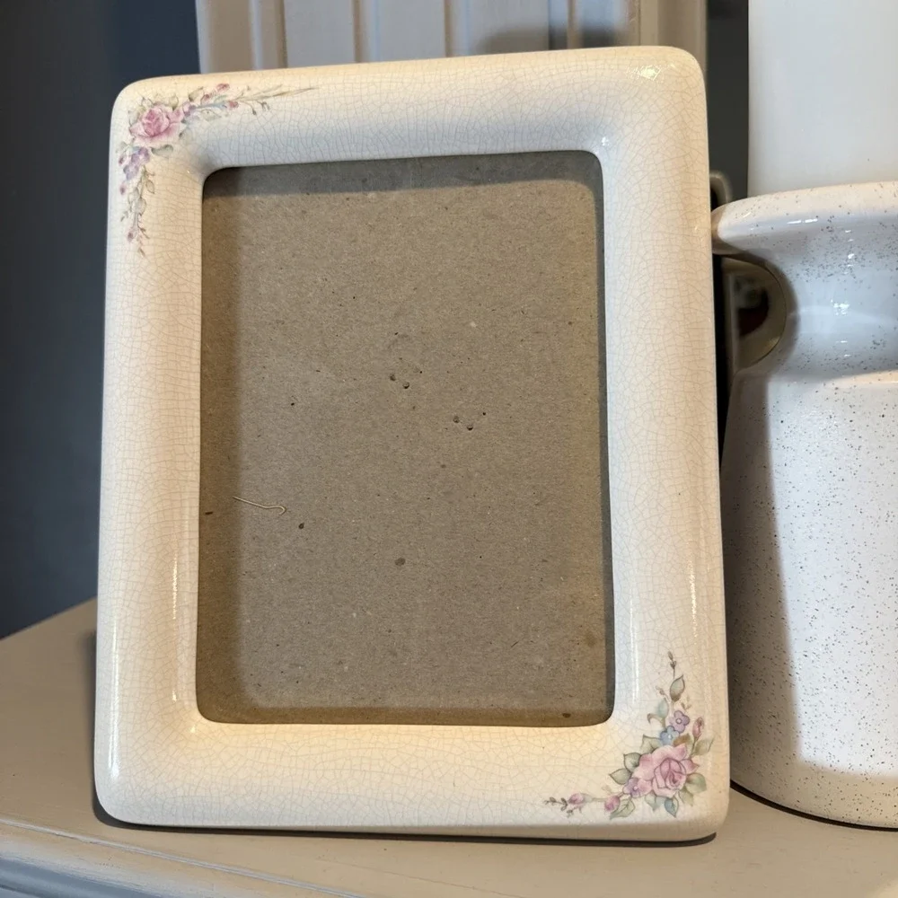 Burnes of Boston Porcelain Off White And Pink Flowers‎ 5x7 Photo Frame Vintage