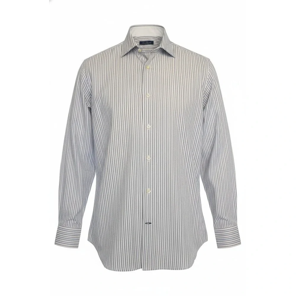 Banana Republic Mens L 16-16.5 Fitted Button Down Shirt Striped‎ Blue Tan Cotton