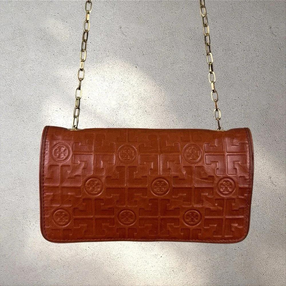 Tory‎ Burch Embossed Chain Wallet Crossbody Bag Brown Leather Logo Purse