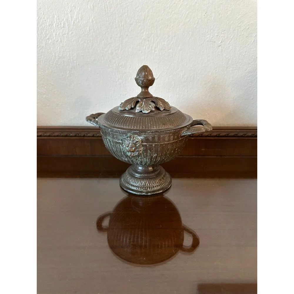 Solid Brass Urn Style Bowl Lid Trinket Pedestal Double Lion Heads‎ Shelf Decor