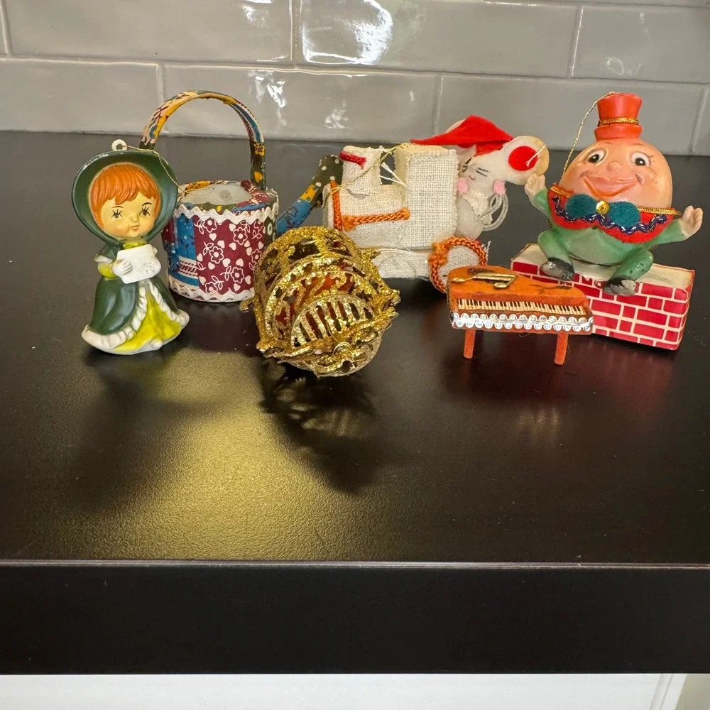 Vintage Christmas Ornament Lot Mixed 6pc Multicolor Humpty Dumpty Kitsch Retro