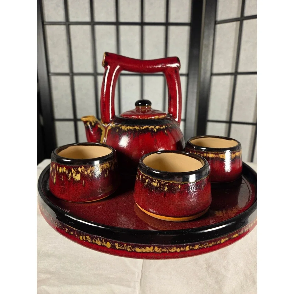 Pier 1 Shanghai Tea Set Red Black Reactive Glaze Earthenware 5 Piece Set