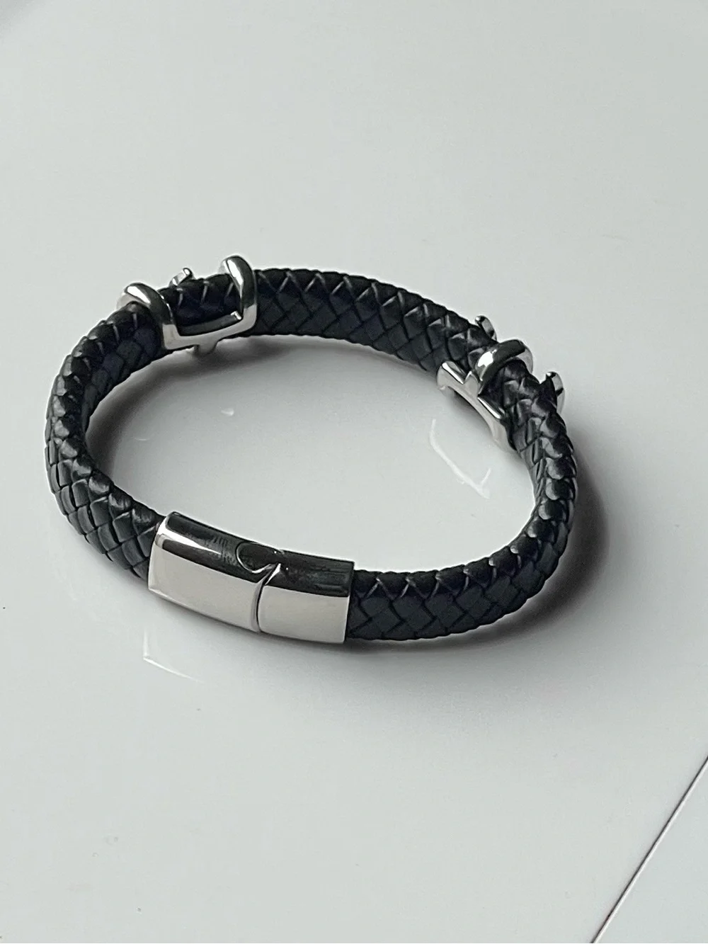 Men's Black Braided Leather Bracelet with Stainless Steel Clasp