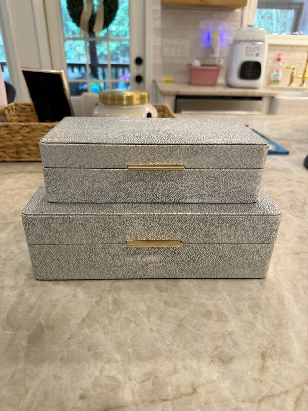 Gray Faux Shagreen Storage Box Set with Gold Accent