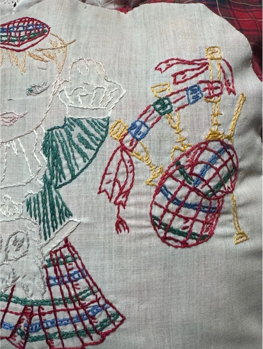 Vintage Embroidered Throw Pillow Scotland Red Plaid Tartan Small 14
