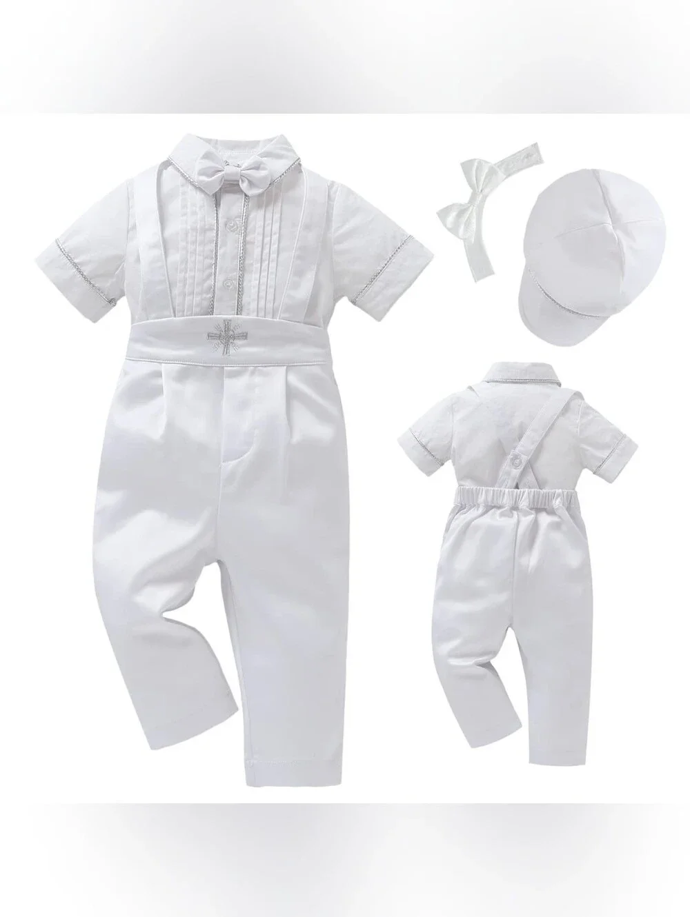 White Infant Baptism Suit Romper Bow Tie Cap/Hat, 18-24M