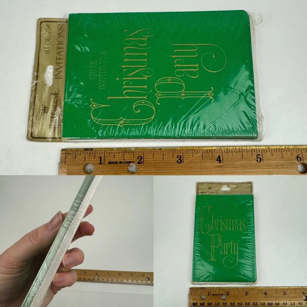 Vtg Retro Hallmark Christmas Party Invitation Green Gold Metallic‎ Elegant Font