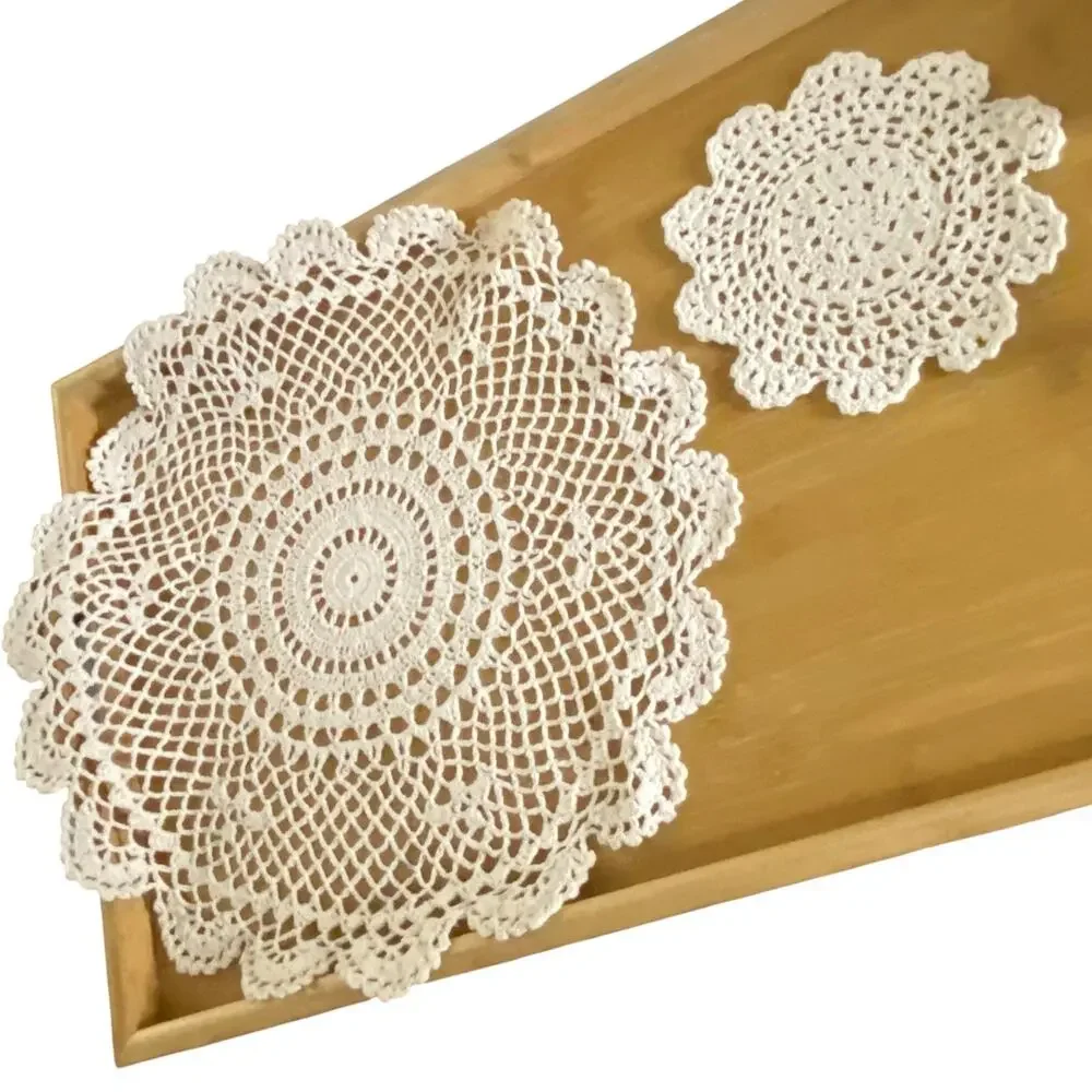 Vintage Handmade Crochet Doilies Set of 2 Ecru Cotton Round Lace Table