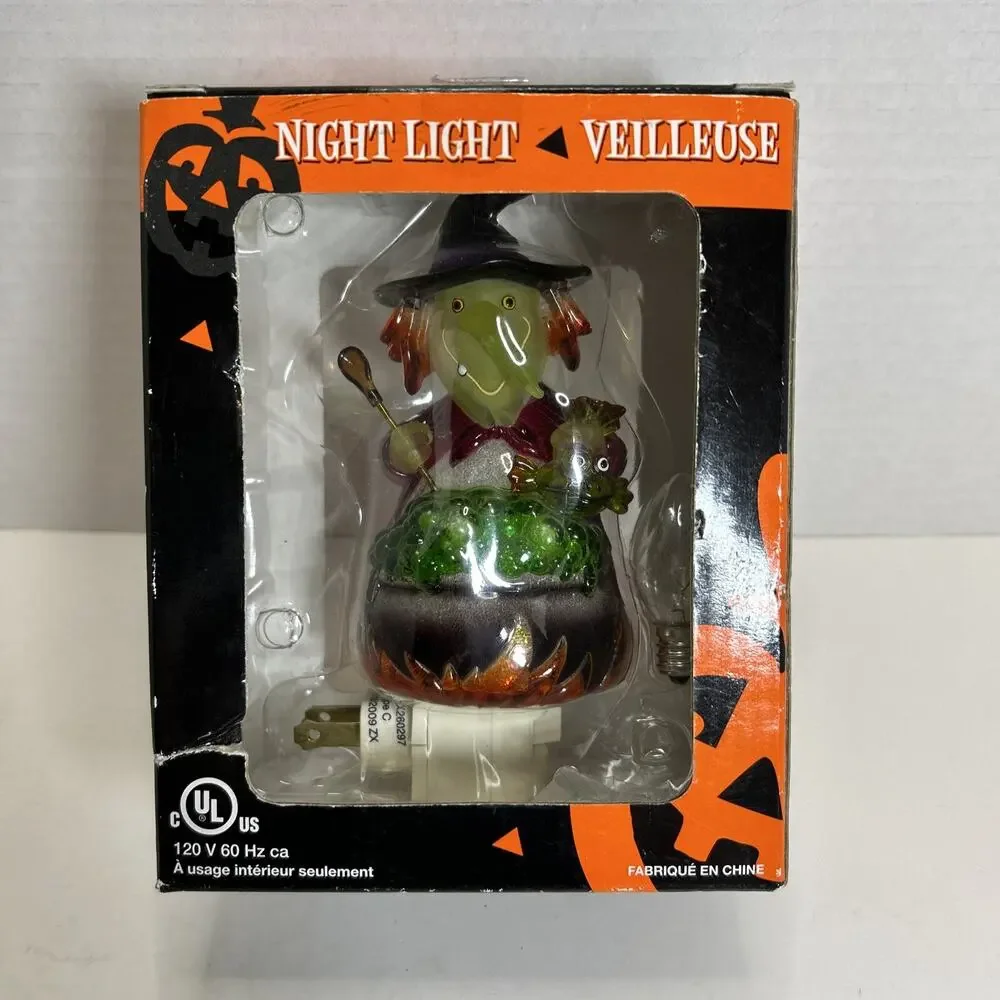 Colorful Translucent Witch Holding Spoon & Fish & Green Bubbling Brew Nightlight