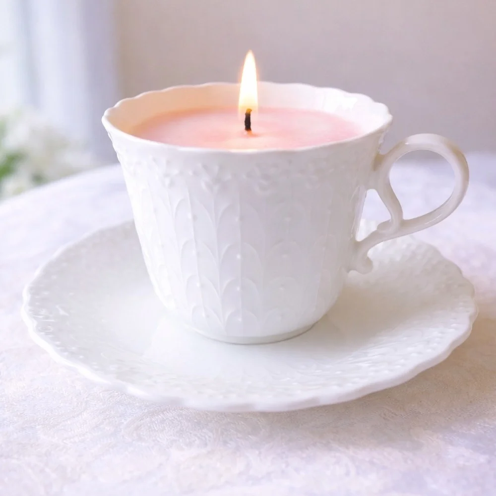 Narumi Bone China Teacup Candle Japan White Floral Cup Saucer Reusable Gift
