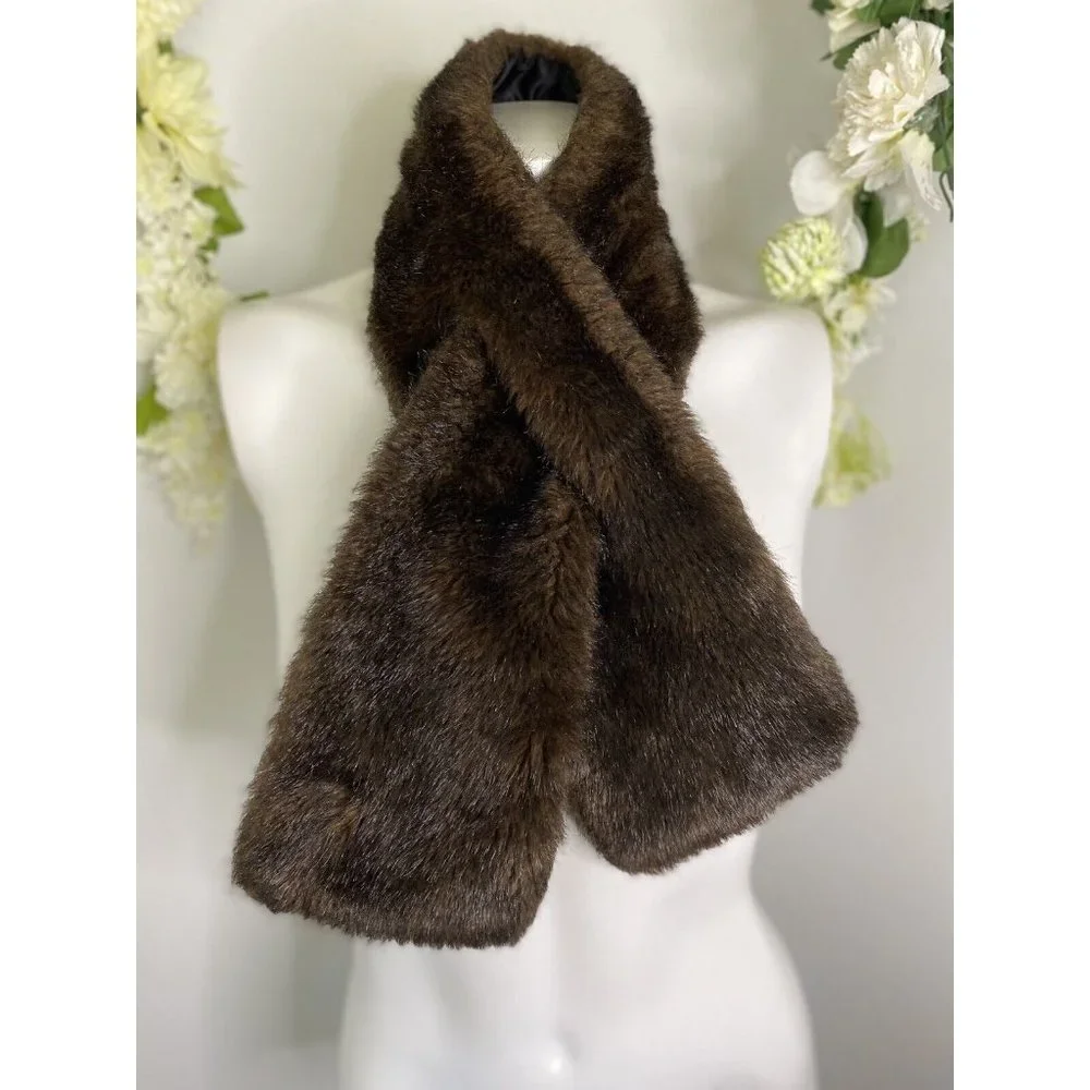 Vintage 60s Faux‎ Fur Shrug Wrap Cape Stole Brown Lined Stay Put 38